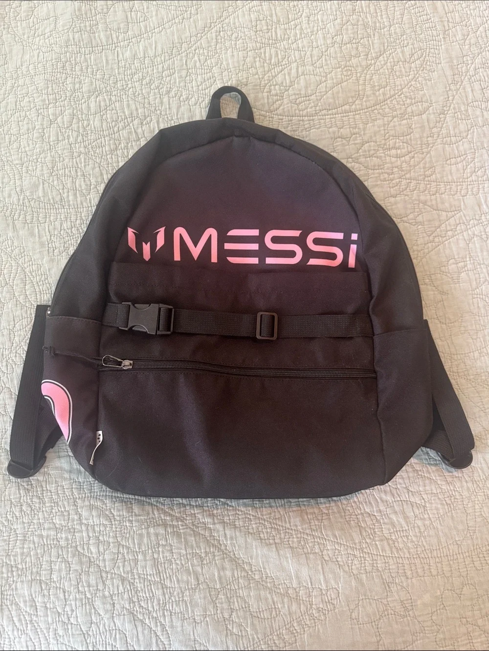 MESSI Black Backpack with Pink Logo - Unisex Everyday Backpack